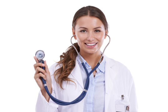 Happy woman, portrait and doctor with stethoscope for heart beat isolated on a transparent PNG background. Female person, medical or healthcare professional smile in cardiology, BPM or clinic checkup - Powered by Adobe