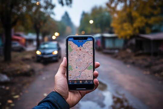 Use a mobile phone to find a location through a GPS navigation map app.
