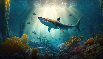 Fototapeta premium Animals of the underwater sea world. Ecosystem. Colorful tropical shark. Life in the coral reef. (ai generated)