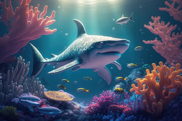 Animals of the underwater sea world. Ecosystem. Colorful tropical shark. Life in the coral reef. (ai generated)