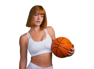 Portrait, woman and basketball for sports, exercise and competition isolated on transparent png background. Confident athlete, female person and player ready for fitness, games or training with ball