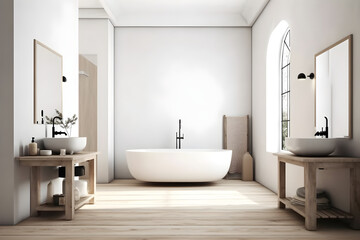 Obraz na płótnie Canvas Minimalist bathroom interior with wooden details. Freestanding bathtub and wooden washbasin. Scandinavian style. Farmhouse interior design