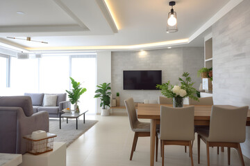 Minimalist white and grey living room, Scandinavian interior design, minimalism, wooden table and white chairs against grey wall with sideboard