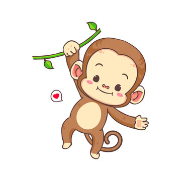 Cute monkey hanging cartoon character. Adorable animal mascot concept design. Isolated white background. Flat Vector illustration