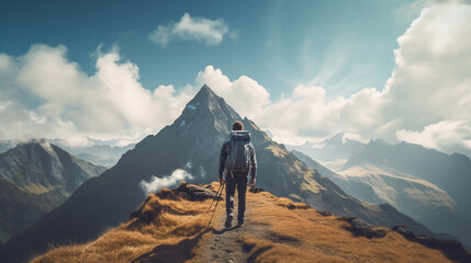 Freedom and Adventure: Landscape shot of someone hiking up a mountain. Adventure up the hills in a overwhelming surrounding.
Generative AI