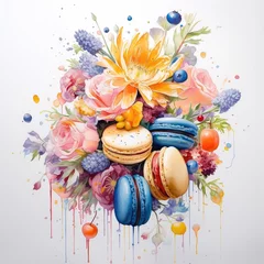 Fototapeten Sweet and colorful set of hand painted watercolor macaroons isolated on white background.Almond blossom . Watercolor illustration .Generative AI technology © Yuliia