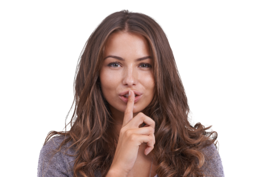 Secret, portrait and woman to whisper with gossip, news or emoji with privacy on isolated, transparent or png background. Hand, finger for silence and gesture for confidential information or hush