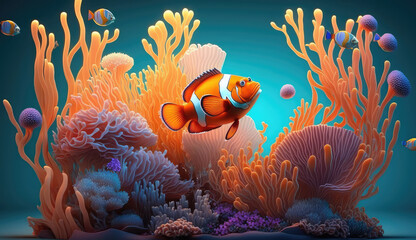 Naklejka na ściany i meble Animals cartoon of the underwater sea world. Ecosystem. Colorful tropical fish. Life in the coral reef. (ai generated)