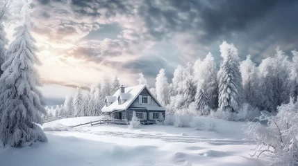 Fotobehang Nature in winter season pine trees and a house.  © Aura