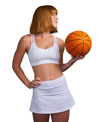 Basketball, woman and ready for sports, exercise or competition isolated on transparent png background. Happy athlete, female person or player thinking of fitness, action or training with orange ball