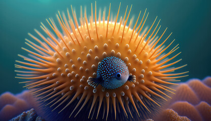 Animals of the underwater sea world. Ecosystem. Colorful tropical puffer fish. Life in the coral reef. (ai generated)