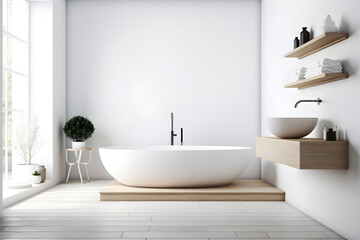 Fototapeta na wymiar Minimalist bathroom interior with wooden details. Freestanding bathtub and wooden washbasin. Scandinavian style. Farmhouse interior design