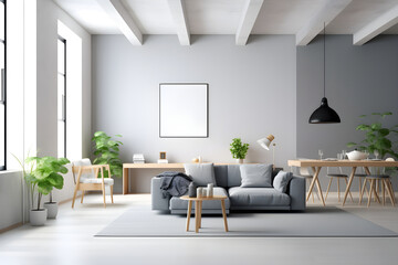 Obraz na płótnie Canvas Minimalist white and grey living room, Scandinavian interior design, minimalism, wooden table and white chairs against grey wall with sideboard