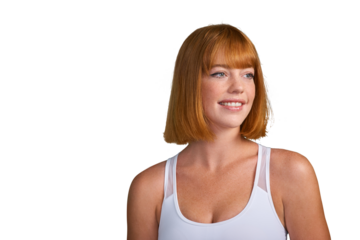 Sports, fitness and health with face of woman on png for training, strong and workout. Exercise, wellness and gym with female athlete isolated on transparent background for performance and contest