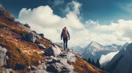 Naklejka na ściany i meble Freedom and Adventure: Landscape shot of someone hiking up a mountain. Adventure up the hills in a overwhelming surrounding. Generative AI