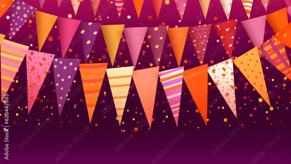 Poster party background with bunting flags and confetti. vector illustration. generative ai