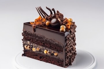 Piece of chocolate cake with chocolate syrup on a plate with white background