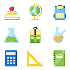 Set of colorful school flat icons isolated on white background. School design. Vector illustration