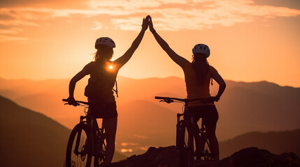 Two happy woman high five over the sunset after a successful mountain biking. Generative AI - obrazy, fototapety, plakaty