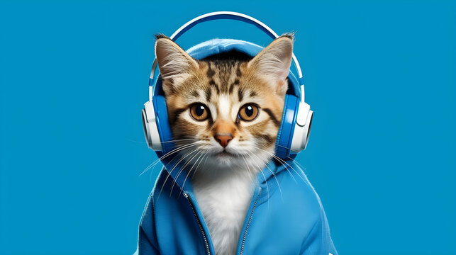 Portrait of adorable cat wearing a blue jacket with headphones on flat blue background. Cool fashionable cat listens to music on wireless headphone on blue background. Creative idea concept