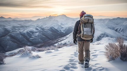man traveler with backpack hiking mountains, man enjoys the magnificent scenery of the mountains. Cold weather, snow on hills. Winter hiking.