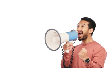 Megaphone, news and excited asian man with wow deal on isolated, transparent or png background. Speaker, noise and happy guy with bullhorn speech for winner, coming soon or save the date announcement