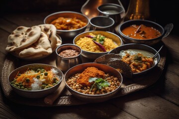 Indian lunch or dinner main course food in group includes chana masala, dal, roti, rice etc