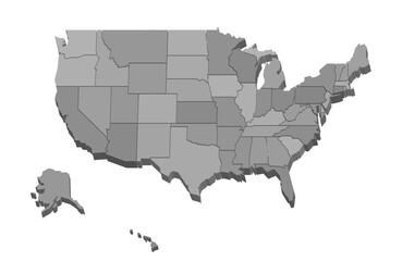 USA map. Simplified isometric view. Different colors for each state. Blank gray USA map contour isolated on white background.