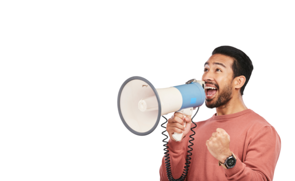 Megaphone, news and excited asian man with wow deal on isolated, transparent or png background. Speaker, noise and happy guy with bullhorn speech for winner, coming soon or save the date announcement - Powered by Adobe