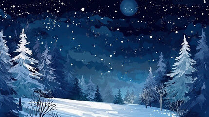 Winter night forest falling snow in the air Christmas. Generative AI