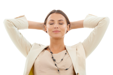 Relax, finish and business woman, calm attorney or law advocate rest for wellness, mindset or stretching. Eyes closed, easy face or female lawyer done with job isolated on transparent, png background