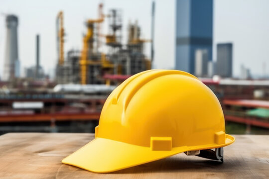 Safety hat placed on top of an Architecture Blueprint paper on a table, with a captivating Petrochemical Refinery Complex background, construction, and industry. Generative AI.