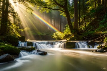 waterfall in the forest with rainbowgenerated ai