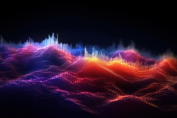 Visualization of sound waves. Abstract futuristic background with colorful glowing neon moving high speed wave lines and bokeh lights. Data transfer concept. Fantastic wallpaper. Generative AI