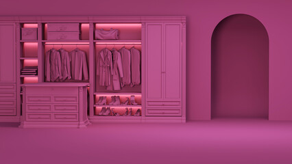 Viva magenta is a trend colour year 2023 in walk in closet with wardrobe. Clothes on a hanger, luxury armchair storage shelf in pastel coral background. 3d rendering, concept for shopping store