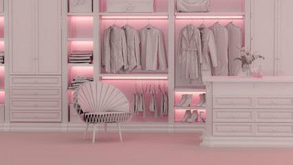 Beige walk in closet with wardrobe. Clothes on a hanger, luxury armchair storage shelf in pastel coral background. 3d rendering, concept for shopping store and bedroom, studio, life style