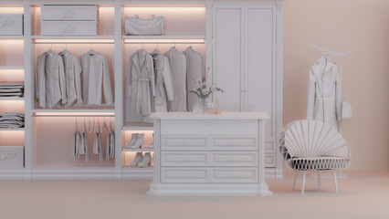 Fototapeta na wymiar Beige walk in closet with wardrobe. Clothes on a hanger, luxury armchair storage shelf in pastel coral background. 3d rendering, concept for shopping store and bedroom, studio, life style