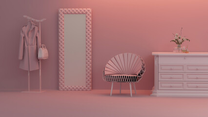 Pink walk in closet with wardrobe. Clothes on a hanger, luxury armchair storage shelf in pastel coral background. 3d rendering, concept for shopping store and bedroom, studio, life style