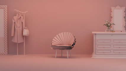 Pink walk in closet with wardrobe. Clothes on a hanger, luxury armchair storage shelf in pastel coral background. 3d rendering, concept for shopping store and bedroom, studio, life style