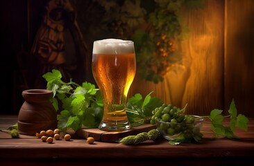Beer in a glass and nuts on a wooden table with green leaves ai generated