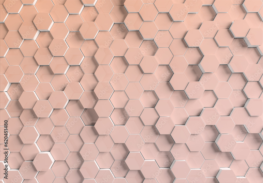 Poster Hexagons background pattern on textured metallic surface. Abstract hexagonal honeycomb graphic wallpaper 3D rendering