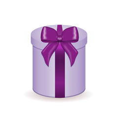Light lilac round gift box with a violet satin ribbon and a bow. Vector illustration isolated on white background.