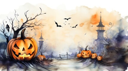 Spooky Halloween pumpkin bat and cross in watercolor style for erie holiday art, Generative AI - obrazy, fototapety, plakaty