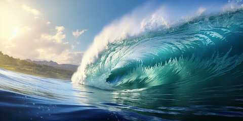 The perfect ocean blue breaking wave barrel to surf. Generative AI illustration