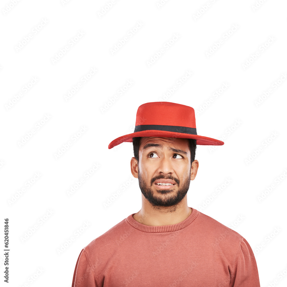 Aufkleber hat, fashion and confused with face of man on png for thinking, style and crazy. funny, doubt and qu