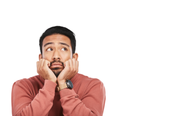 Thinking, depression and sad asian man with stress or broken heart on isolated, transparent and png background. Doubt, fear and face of male person lonely, bored and unhappy, anxiety and pensive