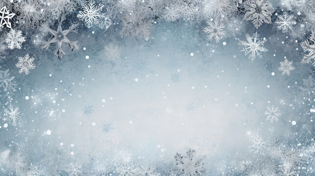 Grey Christmas background with snowflakes and stars. 