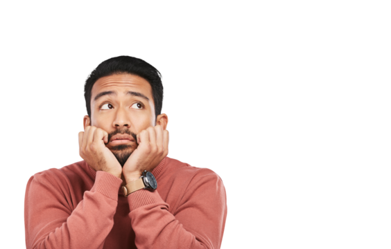 Thinking, depression and sad asian man with stress or broken heart on isolated, transparent and png background. Doubt, fear and face of male person lonely, bored and unhappy, anxiety and pensive - Powered by Adobe