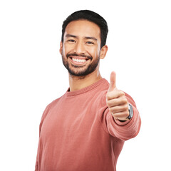 Happy asian man, portrait and thumbs up for approval standing isolated on a transparent PNG background. Male person with smile, like emoji or yes sign for success, good job or agreement and thank you