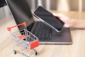 Young woman holding phone beside laptop and a red shopping cart for shopping online. Online payment. Woman hands using smartphone for online shopping. Shopping service on online web. spending money.